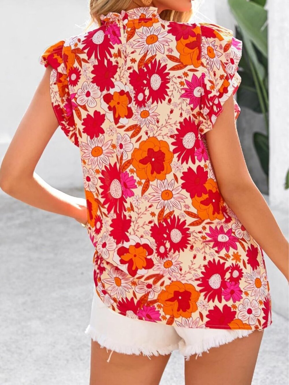 Women's Yellow Red Flower Floral Trim Neck Casual Short Sleeve Summer Tops - Picture 4 of 6